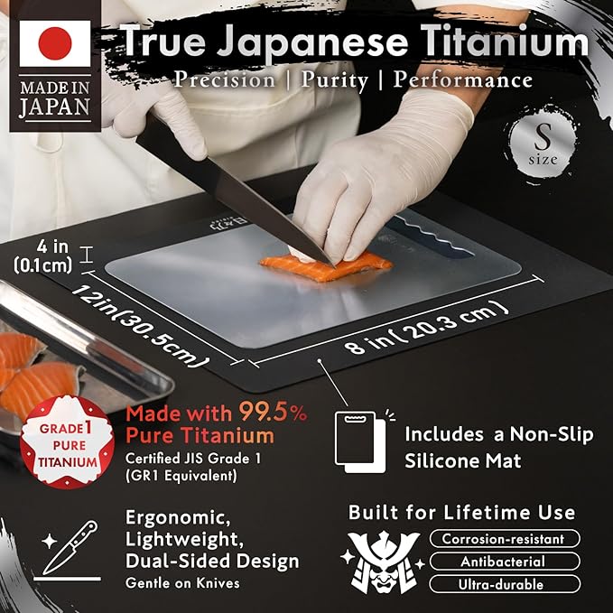Titanium Cutting Board | 99.5% Pure Japanese Titanium | Non-Toxic | Lightweight & Dishwasher Safe | S Size | Made in Japan | With Non-Slip Mat | For Kitchen & Camping Use