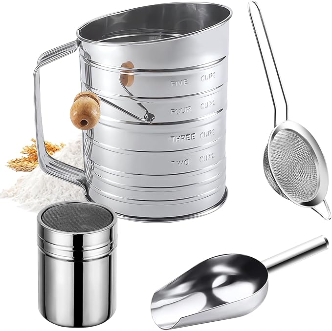 Flour Sifter,5 Cup with Scale Stainless Steel Flour Sifters,4 in 1 Baking Sifter Set with Powder Sugar Shaker Duster,Strainers Fine Mesh and Metal Scoop for Baking Cake,Pastries,Pies,Cupcakes,Desserts