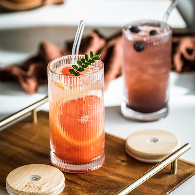 Vintage-Style 16oz Tall Drinking Glasses: Set of 6 Ribbed Glassware with Lids and Straws - Perfect for Cocktails, Smoothies, Juice, Beer, and Coffee - Versatile Design for All-Occasions (6Pcs)