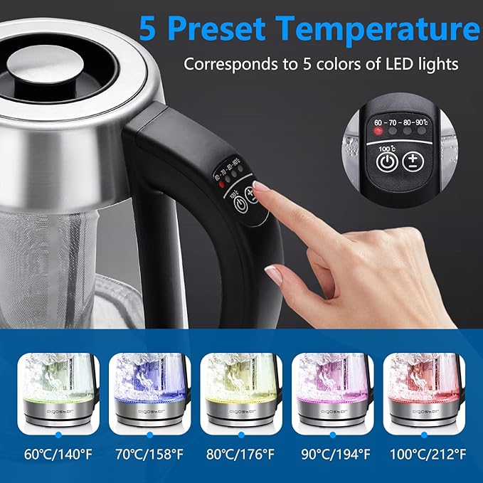 Aigostar Electric Kettle, Tea Kettle with Temperature Control and Tea Infuser, 1500W Hot Water Kettle with Variable Temperature, Keep Warm Function, LED Indicator Light Change, Auto Shut-Off, 1.7L