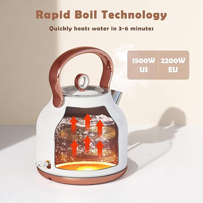 Retro Electric Kettle, 1.7L Stainless Steel Tea Kettle with Large Temperature Gauge, 1500W Fast Heating Hot Water Boiler with LED Indicator, Auto Shut-off & Boil-Dry Protection-Reteo White