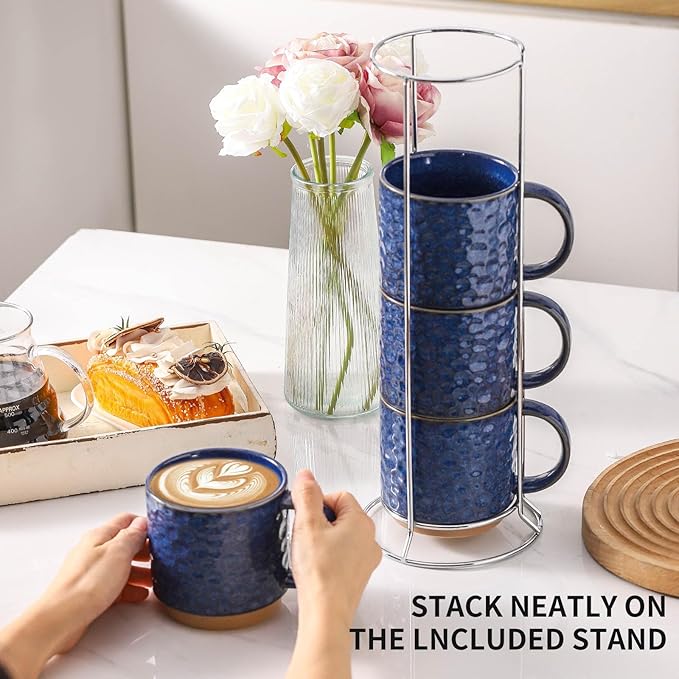 Nihow Ceramic Coffee Mug Set of 4, 16OZ Stackable Coffee Mug Set with Stainless Stand,Large Cup Set for Cappuccino,Tea,Hot/Cold Drinks,Dishwasher & Microwave Safe,Vivid Blue