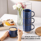 Nihow Ceramic Coffee Mug Set of 4, 16OZ Stackable Coffee Mug Set with Stainless Stand,Large Cup Set for Cappuccino,Tea,Hot/Cold Drinks,Dishwasher & Microwave Safe,Vivid Blue