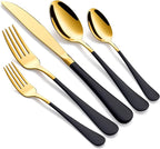 20-Piece Gold Silverware Set 18/0 Stainless Steel Flatware Black Handle Cutlery Set Service for 4 Dinner Knives Forks Spoons Set Mirror Finish Dishwasher Safe