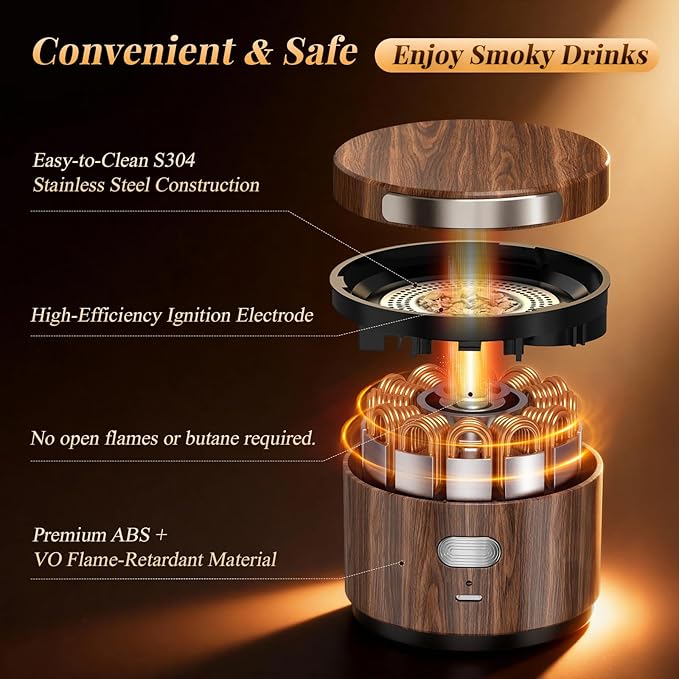 Electric Whiskey Smoker Kit Built-in Lighter, Rechargeable Cocktail Smoker Kit with 6 Wood Chips, No Butane Required, Fits Most Glasses,Ideal Christmas/Birthday Gifts for Men, Dad, Husband (Walnut, S)