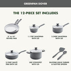 GreenPan Dover Healthy Ceramic Nonstick, 12 Piece Cookware Pots and Pans Set, PFAS-Free, Dishwasher Safe, Comfort Grip Handle, Gray