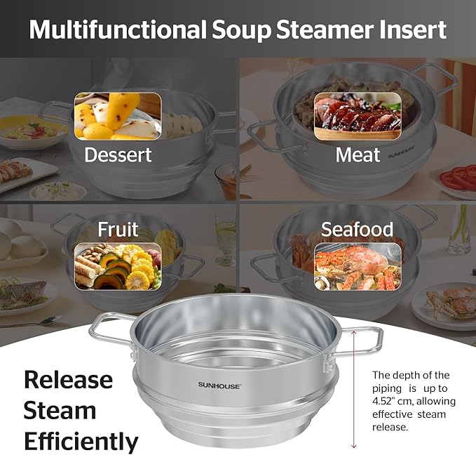 SUNHOUSE 5 Quart Stainless Steel Steamer Insert – Multi-Purpose Soup & Food Steamer with Stay-Cool Handles & Heavy-Duty Glass Lid – Fits Various Pot Sizes (8", 9", 9.5")