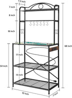 Bakers Rack for Kitchen, 33-inch Wide Coffee Bar Station with Power Outlet, 5 Tier Microwave Stand Storage Shelf with S-Shaped Hooks, Metal Frame with Coloured Glass Tabletop