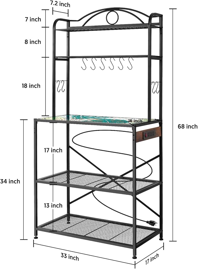 Bakers Rack for Kitchen, 33-inch Wide Coffee Bar Station with Power Outlet, 5 Tier Microwave Stand Storage Shelf with S-Shaped Hooks, Metal Frame with Coloured Glass Tabletop