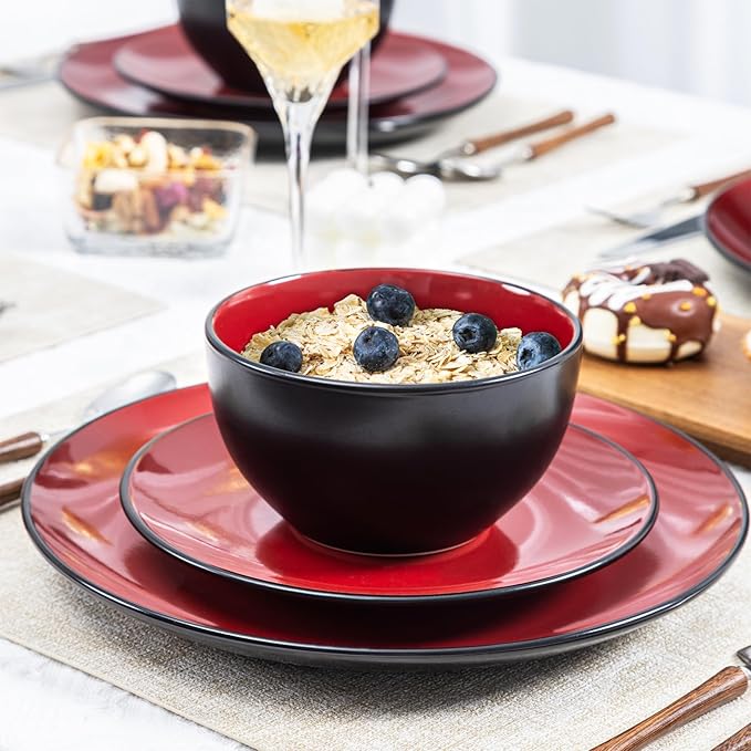 Plates and Bowls Sets for 4 - CJDC-QUELO 16-Piece Stoneware Dinnerware Sets, Ceramic Dishware Set for Indoor Kitchen Use and Formal Dining, Chip and Scratch Resistant Microwave Dishwasher Safe, Red