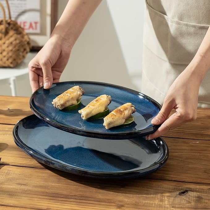 Ceramic Large Serving Platters- Set of 3 Oval Platters for Entertaining. Modern Kitchen Dishes for Dinner, Fruit, Salad, Turkey, etc. Oven, Dishwasher Safe, 15.75" / 13.75" /12",Royal Blue