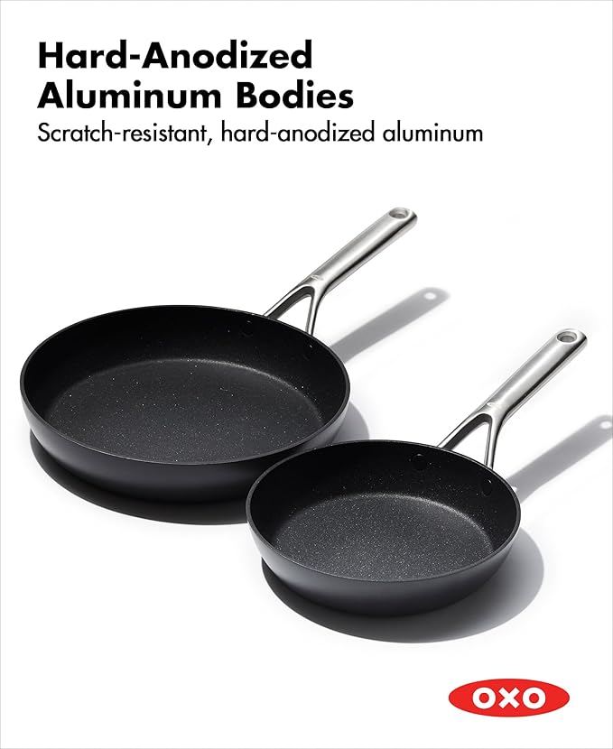 OXO Professional 8" and 10" Frying Pan Skillet Set, Hard Anodized Ceramic Nonstick Cookware PFAS-Free, Stainless Steel, Induction Suitable, Diamond Reinforced Coating, Dishwasher and Oven Safe, Black