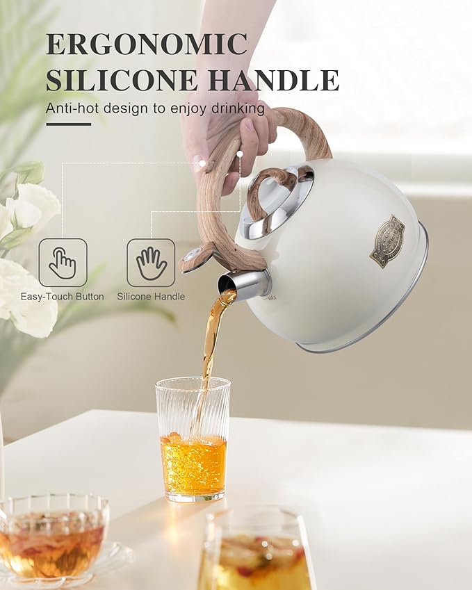 Tea Kettle Stovetop,2.7QT Stainless Steel Whistling Teapot for Stove Top Aesthetic,Portable Water Kettles Camping with Anti-hot Silicone Handle,Suitable for All Heat Sources,Milky White