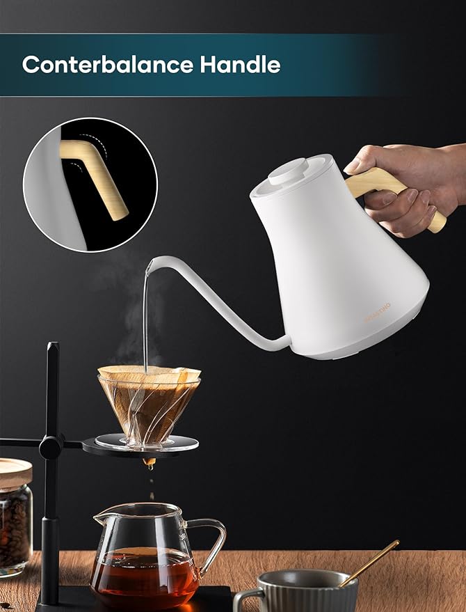 Electric Kettles, Gooseneck Electric Kettle, ±1℉ Temperature Control, Stainless Steel Inner, Quick Heating, for Pour Over Coffee, Brew Tea, Boil Hot Water, 0.9L White
