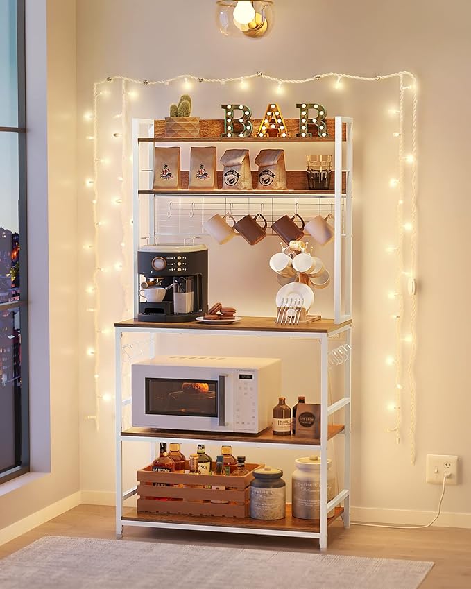 VASAGLE Hutch Bakers Rack with Power Outlet, 14 Hooks Microwave Stand, Adjustable Coffee Bar with Metal Wire Panel, Kitchen Storage Shelf, 15.7 x 31.5 x 66.9 Inches, Rustic Walnut and White UKKS025W41
