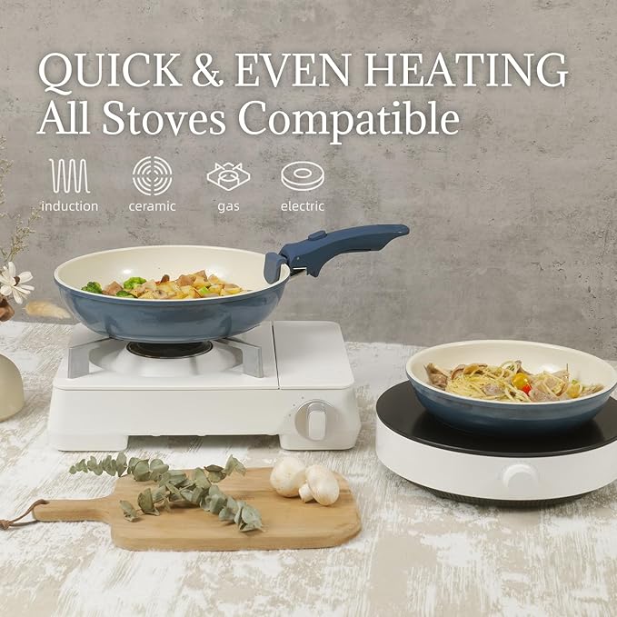 Ceramic Cookware Set Non Stick 8Pcs Pots and Pans Set Detachable Handle Induction Kitchen Cooking Set with Frying Pans Oven Dishwasher Safe, PFAS/PFOA Free, Navy