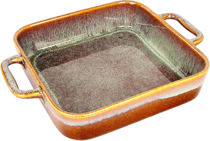 9" x 9"Square Casserole Dish, 1.8 Qt Ceramic Au gratin Baking Dish with Handles, Or for mixing, salad, pasta plate, Best gift for those who love baking, Microwave, Oven safe