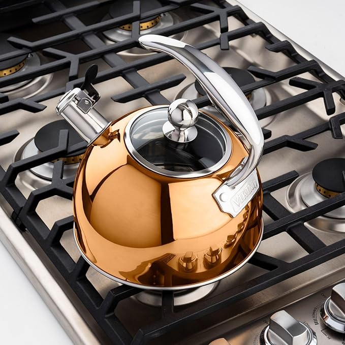 Viking 3-Ply Stainless Steel Tea Kettle, 2.6 Quart Stovetop Hot Water Pot with Tempered Glass Lid, Ergonomic Handle, Induction Ready, Mirror Finish