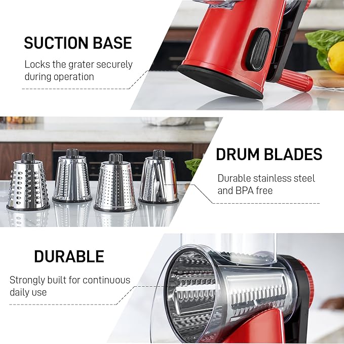 VEKAYA Cheese Grater, Cheese Grater Hand Crank, 4 Interchangeable Blades Cheese Shredder, Vegetable Slicer, Non-slip Suction Base, Easy to Clean Rotary Grater with Handle (Red)