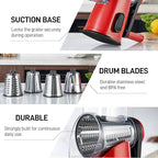 VEKAYA Cheese Grater, Cheese Grater Hand Crank, 4 Interchangeable Blades Cheese Shredder, Vegetable Slicer, Non-slip Suction Base, Easy to Clean Rotary Grater with Handle (Red)