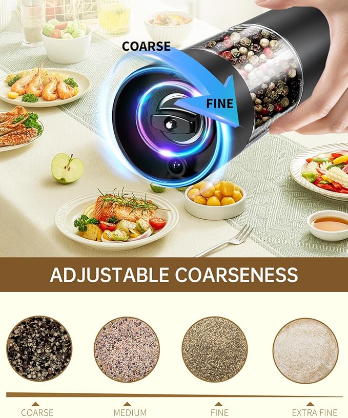 CIRCLE JOY Electric Salt and Pepper Grinder Set Rechargeable Salt and Pepper Mills with Storage Base, Adjustable Coarseness and LED White Light, Washable 95ml Container, Black & White