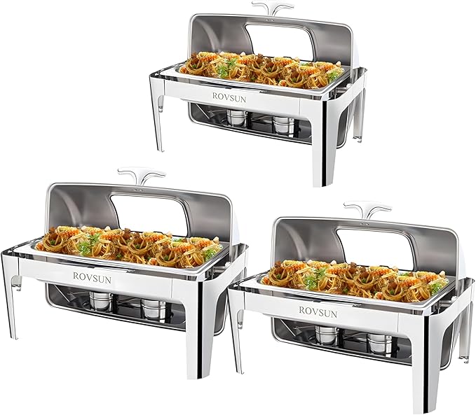 ROVSUN 9Qt 3 Packs Roll Top Chafing Dish Buffet Set, Stainless Steel Chafers for Catering, Rectangular Buffet Servers and Warmers Set with Glass Window for Parties, Banquet, Wedding, Full Size