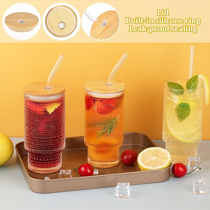 Glass Cups Set with Straw/Bamboo Lid,12 oz Stackable Serving Drinking Glasses, Ideal for Whiskey/Cocktails/Juice/Coffee/Beer, Dishwasher Safe,3 Patterns of Vintage Glassware Sets.(6 Pcs)