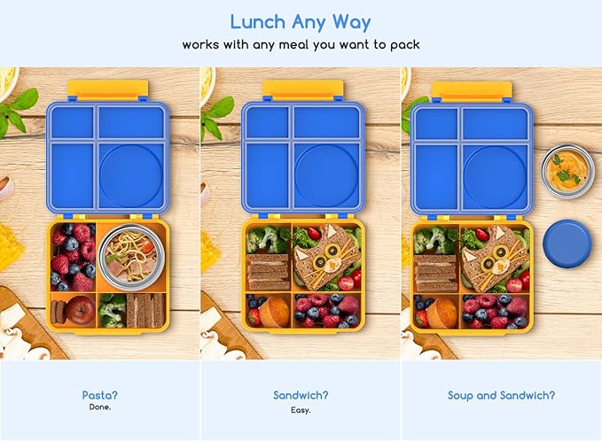Bento Box for Kids - Leak-Proof Lunch Box with Insulated Thermos Food Jar - 4 Compartments, 1 Removable Divider, 1Spoon, 1 Fork - Dishwasher Safe, BPA-Free (Blue)