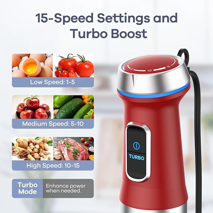 Ganiza Immersion Blender Handheld, 6 in 1 Hand Blender Stainless Steel Blade, 15 Speed Stick Blenders, 800ml Mixing Beaker, 600ml Chopper, Whisk, Frother, Potato Masher, Red