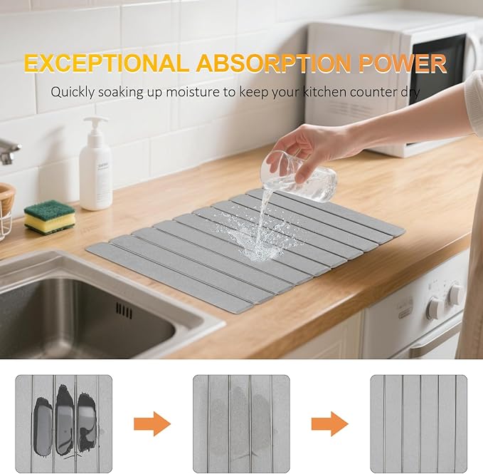 Large Diatomaceous Earth Dish Drying Mat for Kitchen Counter, 23.6"x15.3" Quick Dry Foldable Absorbent Stone Mat, Gray Countertop Mat for Dishes, Bottles & Cups