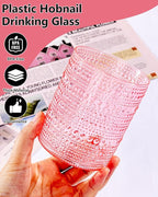 YOUBET 24PCS Plastic Drinking Glasses - 14OZ Pink Hobnail Drinkware Glasses - Vintage Glassware Textured Beaded Cups for Water, Beer, Whiskey, Juice and Various Mixed Drinks
