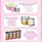 Vesici 100 Set 5 oz Mini Cake Pans with Lids & Spoons Square Aluminum Foil Baking Loaf Pans Disposable Dessert Cups with Stickers for Wedding Birthday Party Picnics, 4 Color