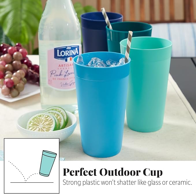 US Acrylic Newport 20 ounce Unbreakable Plastic Stackable Water Tumblers in 4 Coastal Colors | Set of 12 Drinking Cups | Reusable, BPA-free, Made in the USA, Top-rack Dishwasher and Microwave Safe