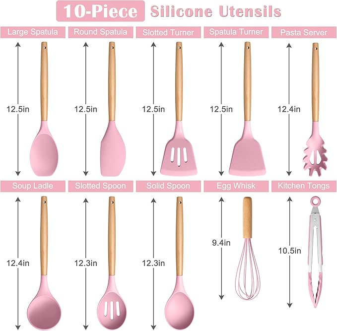 E-far Silicone Cooking Utensils Set, 10-Piece Kitchen Utensils Set with Wooden Handle for Cooking, Non-toxic Silicone Kitchen Nonstick Tools Spatula Whisk Tongs Ladle, Heat Resistant & Health, Pink