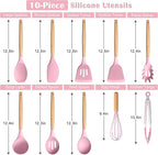 E-far Silicone Cooking Utensils Set, 10-Piece Kitchen Utensils Set with Wooden Handle for Cooking, Non-toxic Silicone Kitchen Nonstick Tools Spatula Whisk Tongs Ladle, Heat Resistant & Health, Pink
