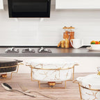 8" Ceramic Casserole Dish with Glass Lid and Gold rack, 2 Quart Serving Soup Tureen,Chafing Dish for Buffet, Family Food preserve Tray, Catering Casserole for Party Style