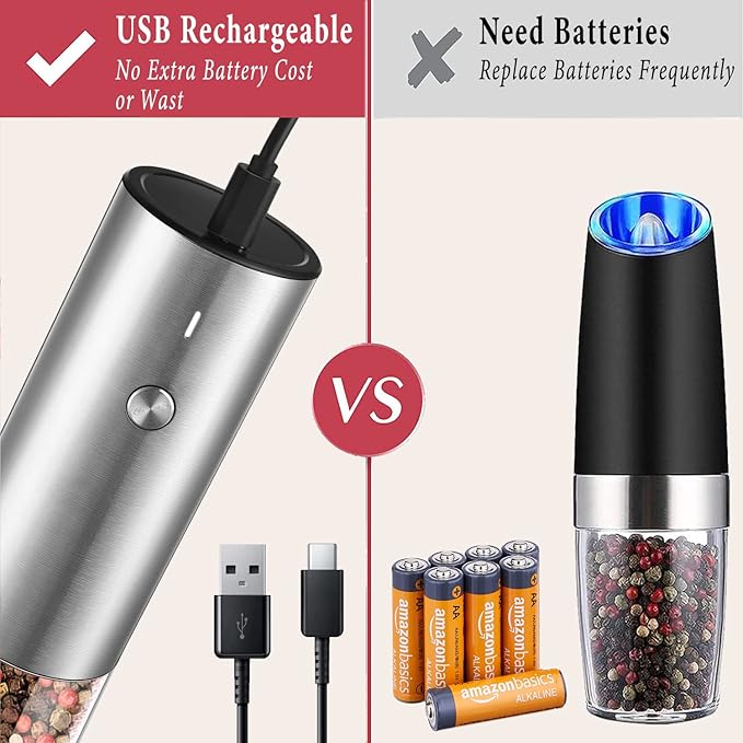 Electric Pepper Grinder or Salt Grinder Mill - USB Rechargeable - Durable Modern Style - Automatic Black Peppercorn or Sea Salt Spice Mill with Adjustable Coarseness - One Grinder Included