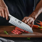 7 Inch Santoku Knife，Professional Japanese High Carbon Steel Chef Knife, Razor Sharp Kitchen Knife with Ergonomic Red Sandal Wooden Handle - Gift Box