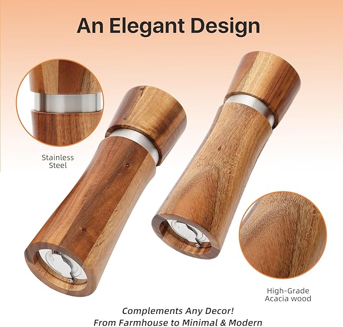 2 Pack Wood Salt and Pepper Grinder Set, Manual Mill, Kitchen Grinder Set, Refillable Salt & Pepper Mills Adjust for Customized Coarseness, 8 Inch Each