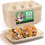 50-Pack 100% Compostable Biodegradable Paper Taco Holders, Eco-Friendly Disposable Paper Taco Tray for Taco Tuesday, Lazy Susan Taco Bar (50-Pack with lids)