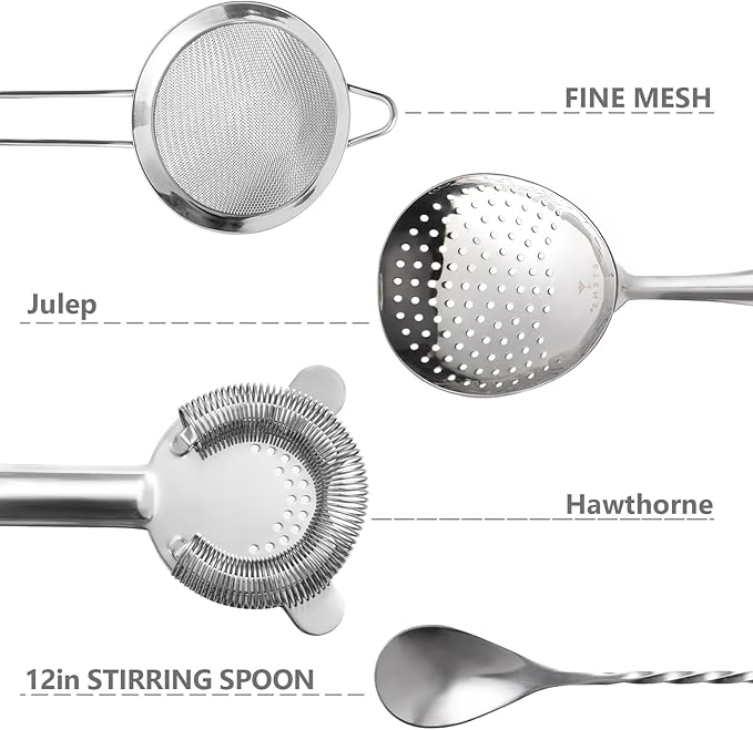 Cocktail Strainer Set – Bar tools Stainless Steel Includes Hawthorne Strainer, Julep & Fine Mesh Cocktail Strainers, Mixing Spoon – Drink Shaker Strainer for Bartending