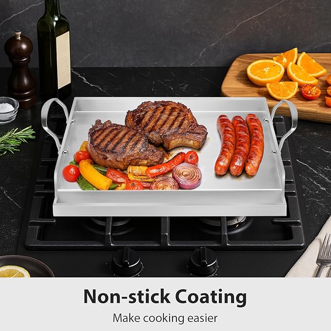 Utheer 17" x 13" Ceramic Nonstick Stainless Steel Griddle for Gas Grill, Charcoal, Oven, Stove Top Griddle, Non-Toxic, PFAS/PFOA/PTFE Free, Oven Up to 500°F, for BBQ, Camping & Kitchen, Sliver