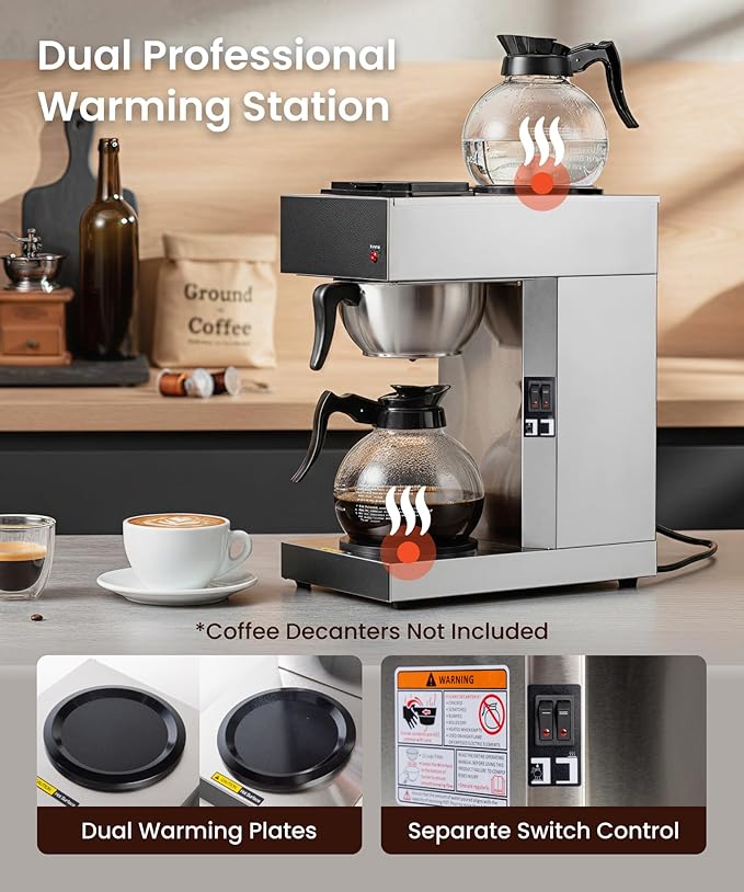 SYBO 12 Cup Coffee Maker Commercial, Pour Over Coffee Maker Brewer, Industrial Stainless Steel Cafetera with 2 Warmers