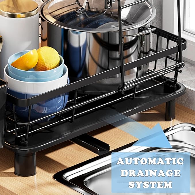 2-Tier Dish Drying Rack with Drainboard, Rustproof Stainless Steel Dish Rack for Kitchen Counter, Large Capacity Dish Drainer with Cup Holder, Utensil Holder, and Plate Organizer for Home Kitchens