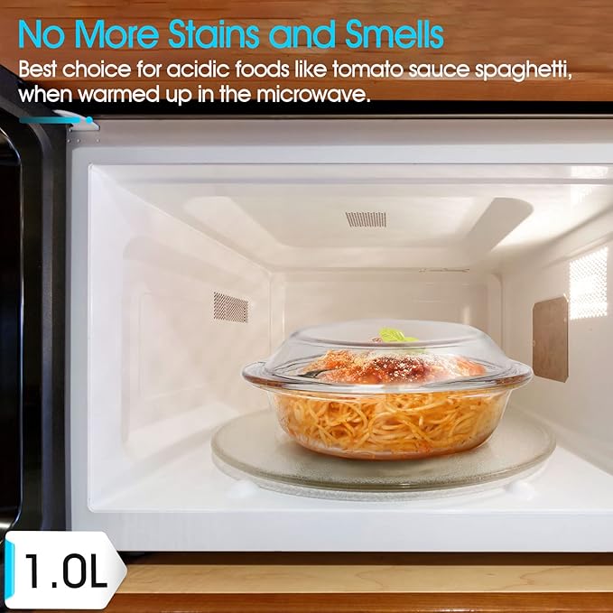 Mini-1 Liter Glass Casserole Dish With Lid, Round Oven Safe Glass Bakeware with Handles