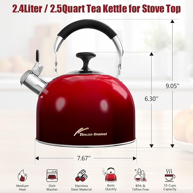 Tea Kettle Stovetop,Stainless Steel Whistling Tea Kettle For Stove Top, 2.5 Qt Tea Pot With Folding Handle, Food Grade Water Teapot Water Kettle For Stove Home Camping Travel,Gradient Red