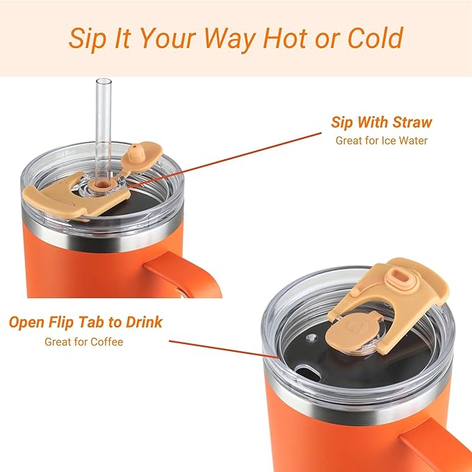 Drinco 40oz 30 oz Tumbler with Handle, Straw Lid, Insulated Stainless Steel Travel Mug Water Bottle Ice Coffee Cup For Cold and Hot, BigSur (40oz, Pumpkin)