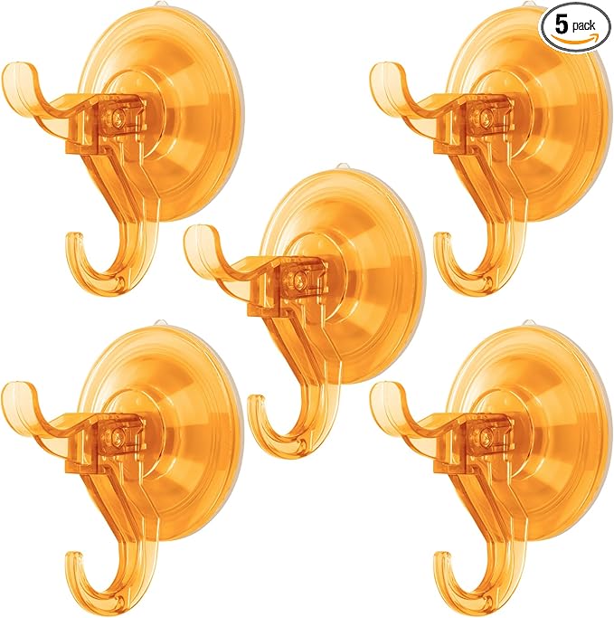 Suction Cup Hooks, 5 Pack Wreath Door Hanger, Removable Small Suction Cups for Shower, Bathroom, Glass, Door, Windows, Kitchen-Up to 11 lbs on Smooth Surface-2 Hooks Design (Transparent Orange)