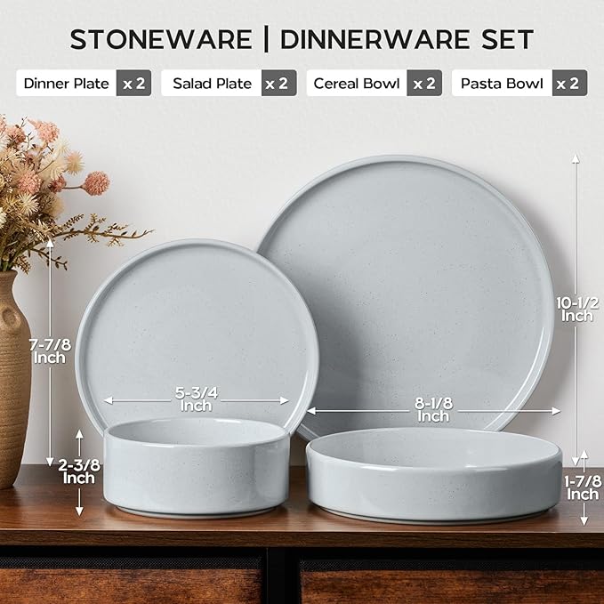 Dinner Plates and Bowls Sets, Onader 8 Pieces Stoneware Dinnerware Service for 2, Gray Ceramic Kitchen Dish Set, Speckled Dishware Dining Ware - Slate Gray