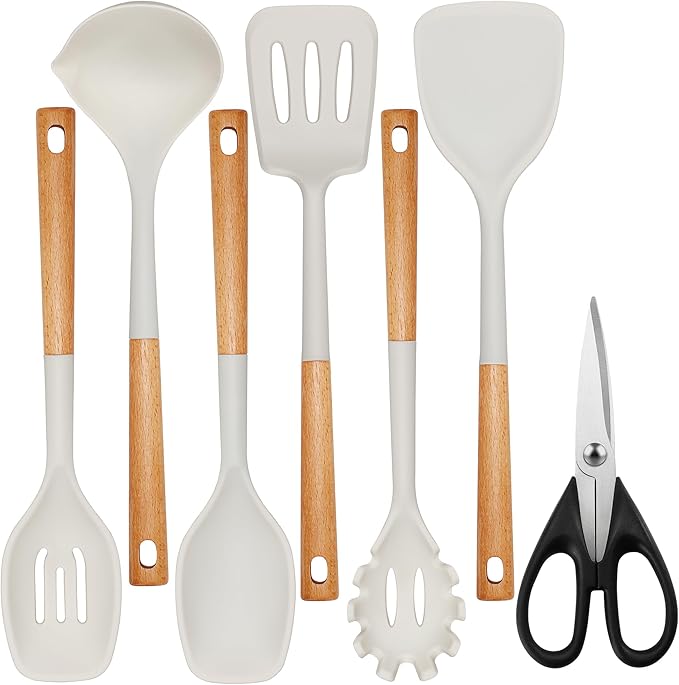 QMVESS Silicone Cooking Utensils Set, Kitchen Utensils Set 7 Pcs with Long Wooden Handle, Food Grade and Heat Resistant Large Silicone Spatula Set for Nonstick Cookware, BPA Free（White）